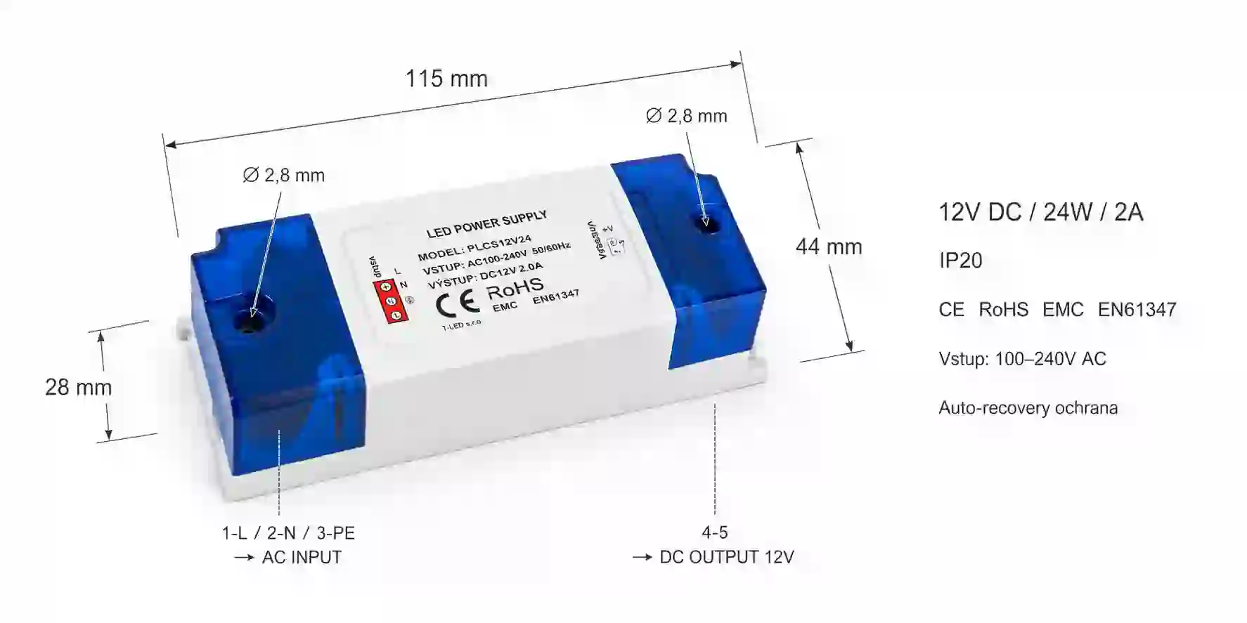 Certifikace  LED napájecího zdroje 12V 24W nábytkový ADM2412 - CE RoHS EMC EN61347